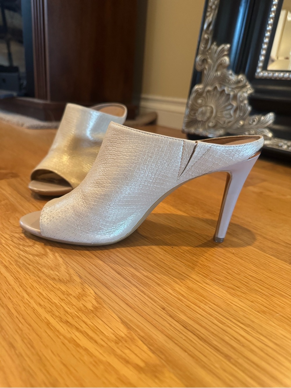 Calvin Klein Metallic Ivory Open-Toe High Heel Mules